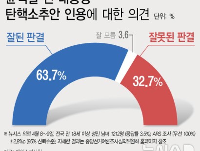 [뉴시스]헌재 尹 탄핵 인용 '잘된 판결' 63.7%· '잘못된 판결' 32.7%[에이스리서치]