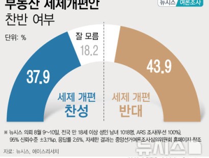[뉴시스·에이스리서치]부동산 세제개편안, 찬성 37.9% 반대 43.9%…서울에선 찬성 36.7% 반대 45.3%
