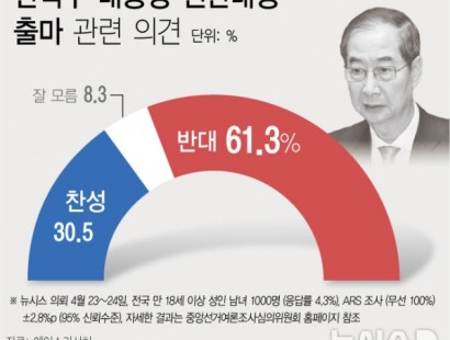 [뉴시스]'한덕수 출마' 찬성 30.5%, 반대 61.3%, 모름 8.3% [에이스리서치]