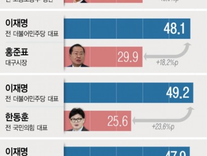 [뉴시스]이재명 48%·김문수 30%, 李 48.1·홍준표 29.9%, 李 49.2%·한동훈 25.6%[에이스리서치]